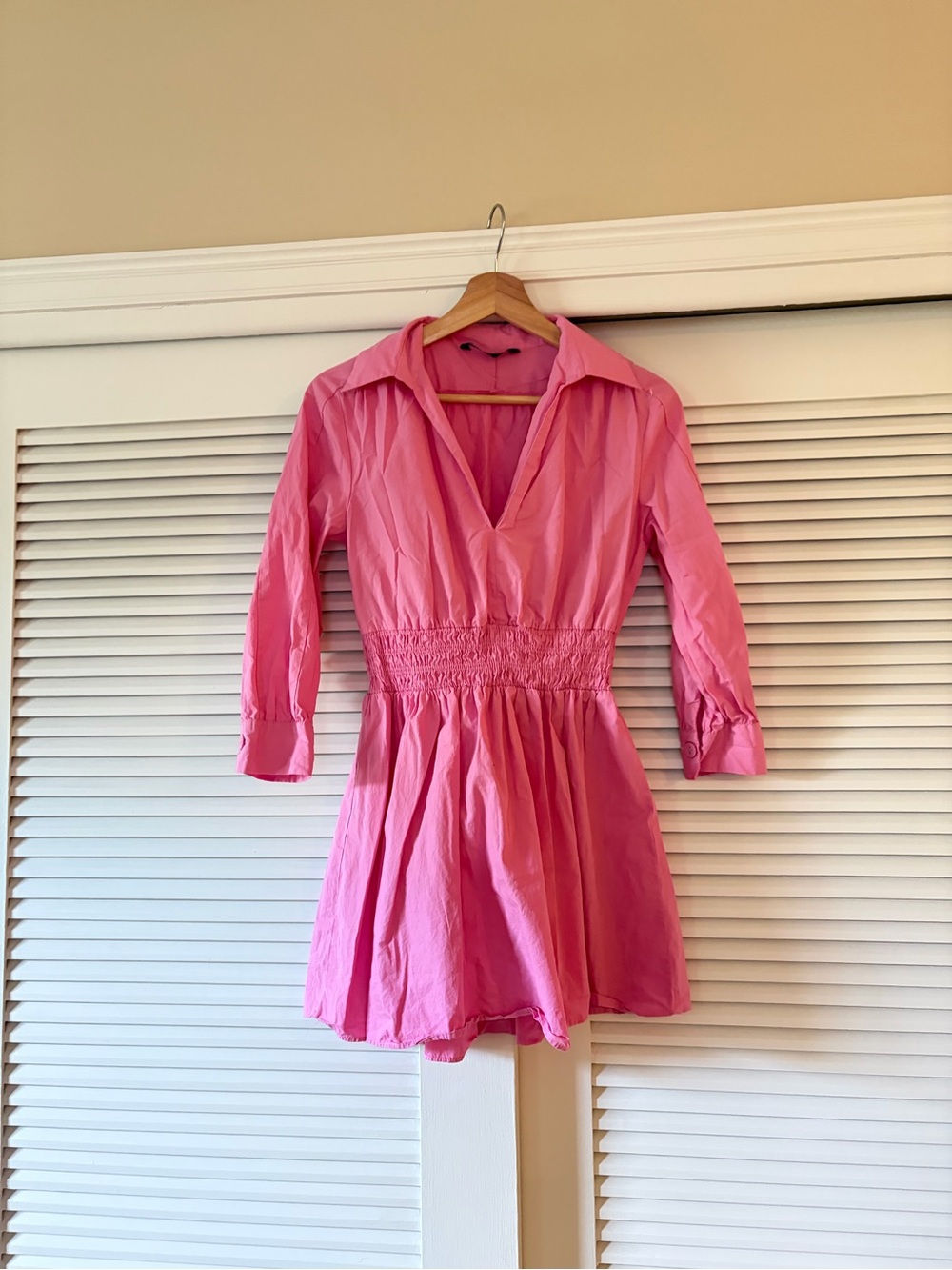 Zara Hot Pink Collared V-Neck Smocked Waist Mini Dress